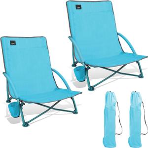 2 Pack Low Folding Beach Chair,Portable Lightweight Lowback Sling Chair, Outdoor Low Seat Camping Chair w/Cup Holder & Carry Bag for Sand Camping Lawn Picnic Festival, Blue