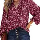 Dokotoo Women's Casual V Neck Alicia Floral Print Smocked Long Sleeve Chiffon Blouses Bohemian Top Shirts (Large, Biking Red)