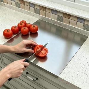 Kassiwealt Double Sided Stainless Steel Cutting Board (15.7'' x 15.7'') | Metal Material, Odor-Free, No Residue, Reversible Double-Sided, L Lip Prevents Sliding, Brushed Surface Protects Knives