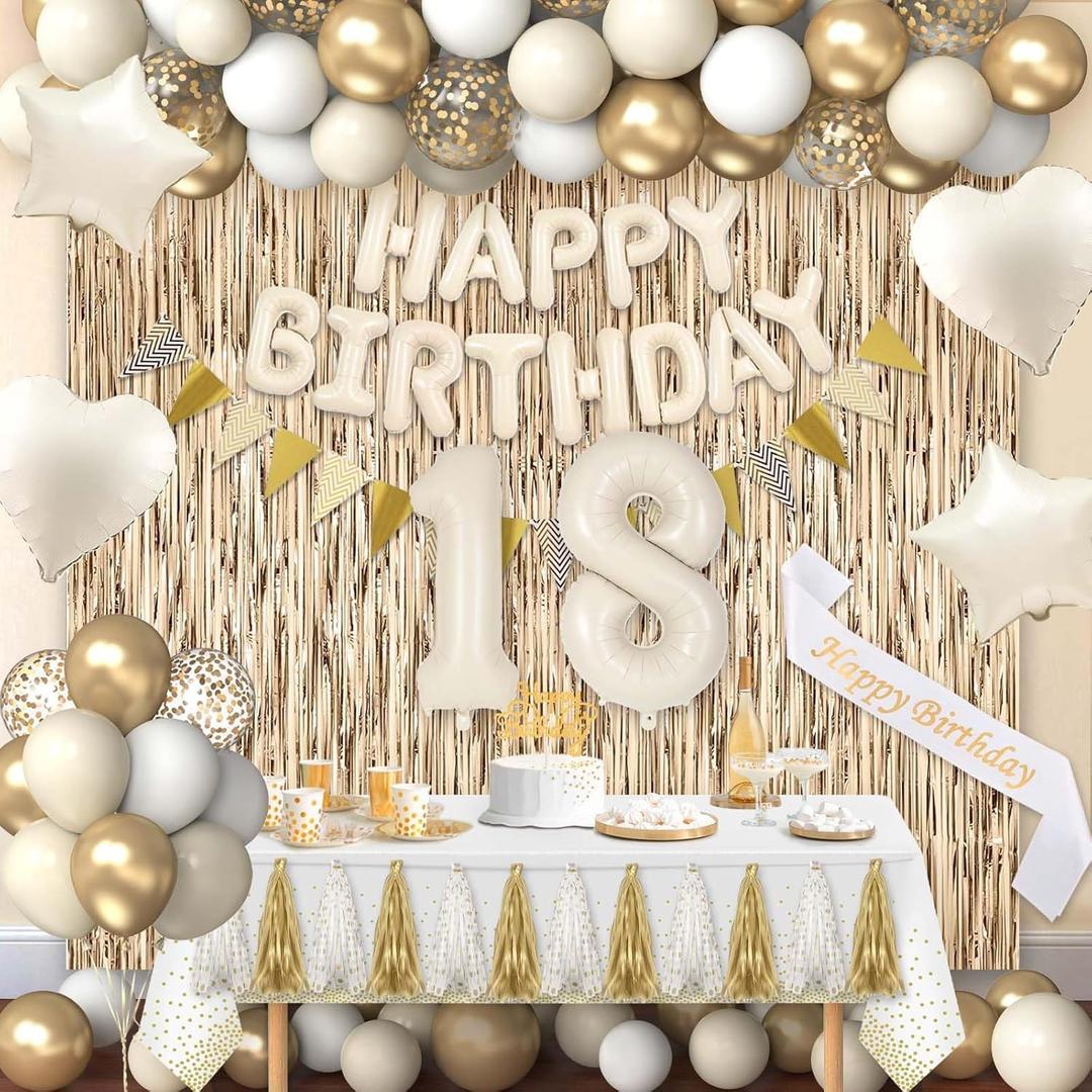 18th Birthday Decorations for Girls Women, White and Gold 18 Boho Birthday Party Supplies Includes Number Balloons, Banner, Fringe Curtain, Cake Topper