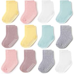 JAKIDAR 12 Pack Baby Toddler Socks Non Slip Grip Cotton Crew Socks for Boys Girls Infants Kids (12-24 Months, Pink Pastel)