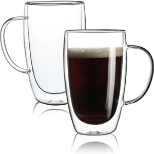 Aurzen 2 Pack Double Walled Glass Coffee Mugs with Handles, Large Insulated Layer Coffee Cups, 15oz Clear Borosilicate Mugs, Perfect for Cappuccino, Tea, Microwave Safe