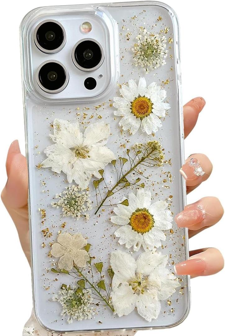 for iPhone 13 Pro Max Clear Case with Pressed Real Flowers Design,Glitter Cute White Floral Pattern Slim Soft TPU Protective Women Girl's Phone Cover for iPhone 13 Pro Max