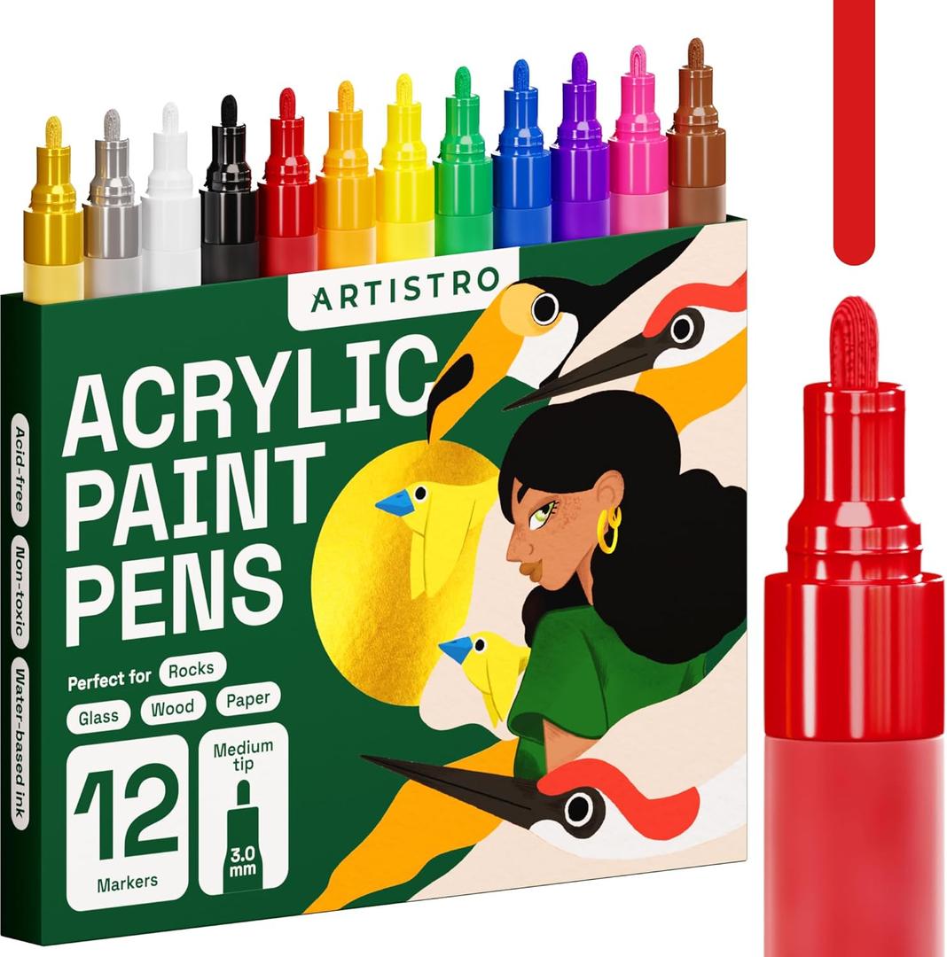 ARTISTRO 12 Acrylic Paint Markers Medium Tip- Easy for All Ages & Levels Acrylic Paint Pens for Fabric, Rocks, Paper, Wood, Canvas, Glass, DIY