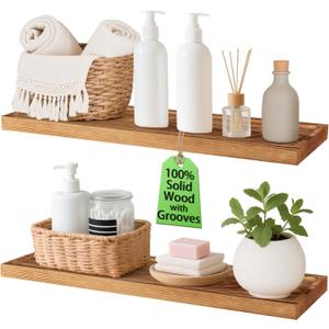 Solid Wood Floating Shelves Bathroom 24 inch Rustic Wall Wood Display Shelves with Grooves Set of 2 Home Decor for Living Room Bedroom Kitchen Farmhouse 24x6.7 inch - Brown