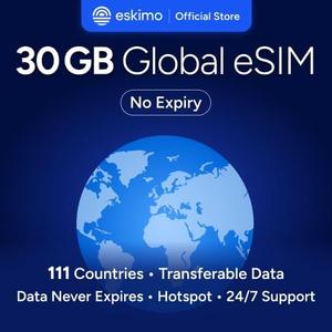 Eskimo Global 1-30GB Travel eSIM | No Data Expiry | 5G High Speed Data (30GB)