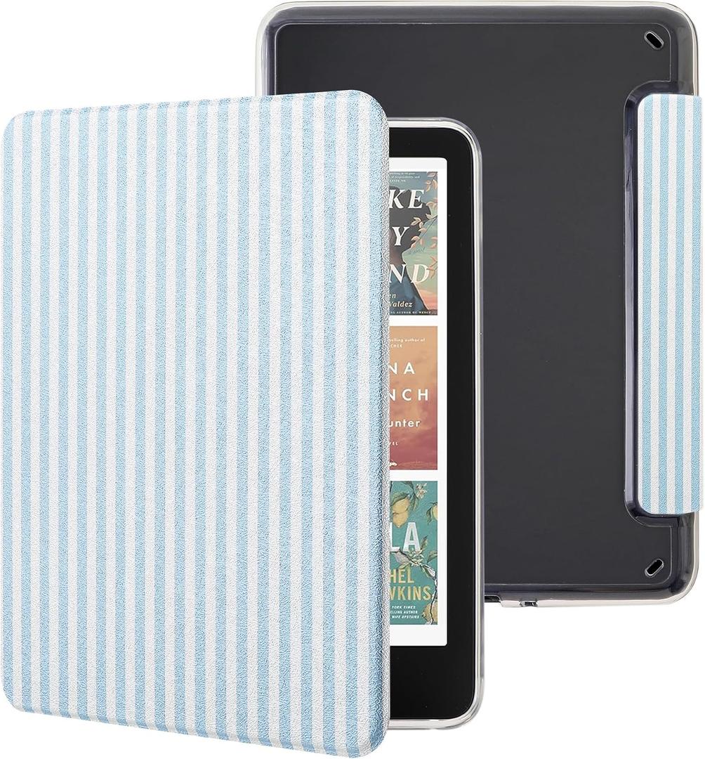 Case for 7'' Kindle Paperwhite 12th Gen 2024 and Kindle Colorsoft Signature Edition, Slim PU Shell Cover Case with Auto Wake/Sleep, Stripes (Blue and White)
