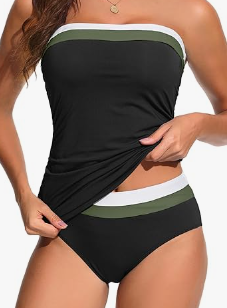 Daci Bandeau Tankini Swimsuits for Women - Two Piece Ruched Tummy Control Bathing Suit Strapless Swimwear with Bottom Size XL