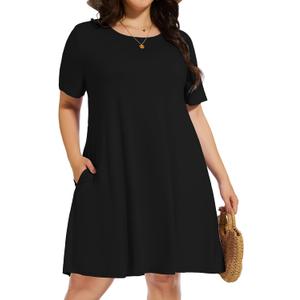 Elescat Plus Size Summer Dresses for Women Casual Short Sleeve Pockets Loose Oversized T Shirt Sundress (Black, 2XL)