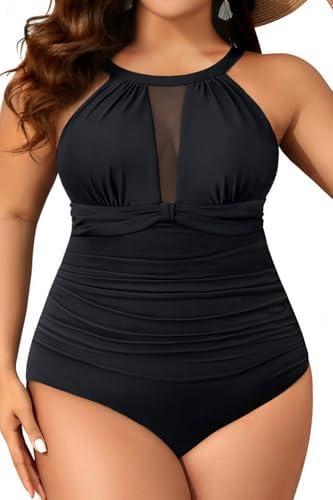 Aqua Eve Plus Size Swimsuit Women One Piece Swimsuit Tummy Control High Neck Bathing Suit Ruched Swimwear Size 20W