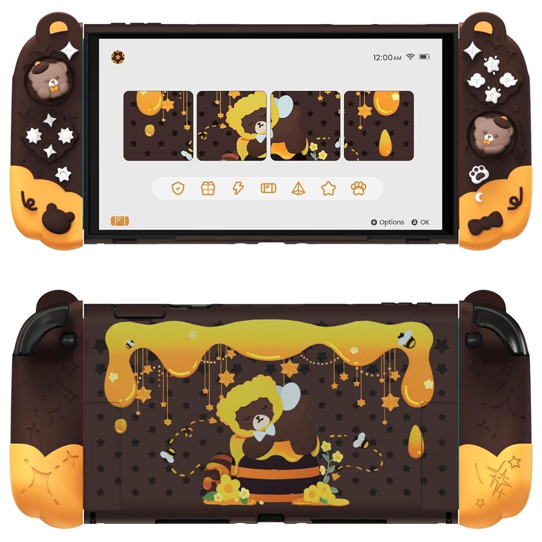 PlayVital Good Night Bear Dockable Case for Nintendo Switch 2 with Stand | Split Design Silicone Joycon Grips, PC Console Hard Shell, 2 Joystick Caps | Cute Protective Cover Bundle – Brown