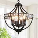 Farmhouse Crystal Ceiling Hanging Chandelier,16inch Black Rustic Vintage Pendant Light Fixture for Living Room Bedroom Dining Room Dining Foyer Kitchen Entry 5-Light
