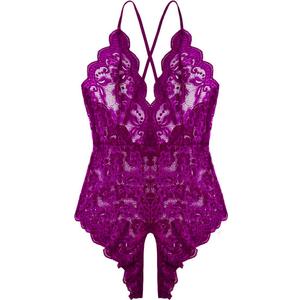 Women One Piece Lingerie Sexy Teddy V Neck Bodysuit Lace Nightie (Purple, XXL)