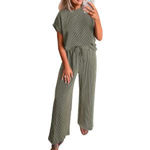 KIRUNDO 2 Piece Sets for Women Dressy Casual Ribbed Knit Short Sleeve Tops Wide Leg Pants Lounge Set Travel Airport Outfits, XXL