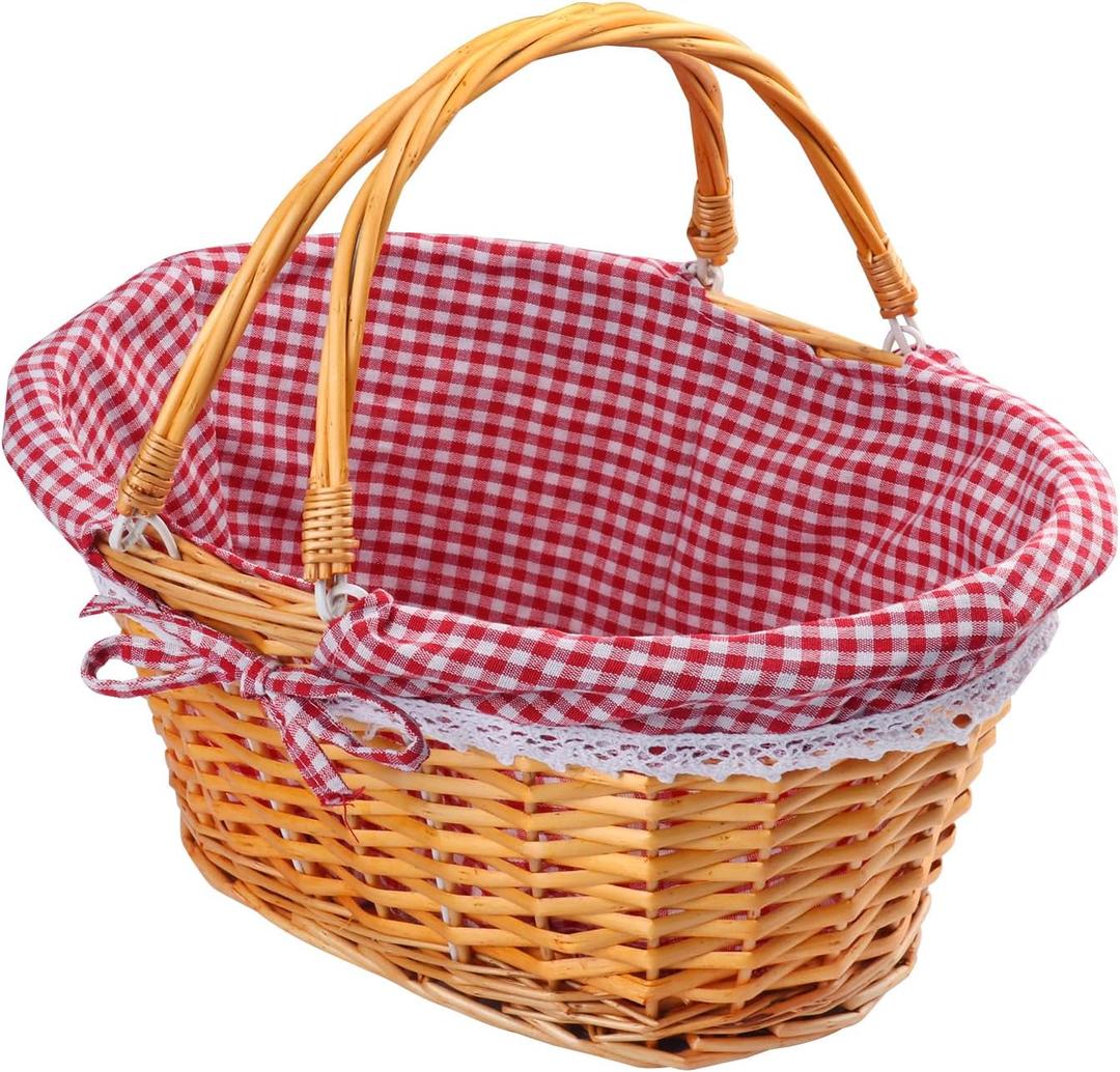 GNIEMCKIN 14 Inch Wicker Basket with Handle, Wicker Picnic Baskets with Red Liner, Oval Willow Woven Basket for Fruit, Wine, Wedding, Picnic