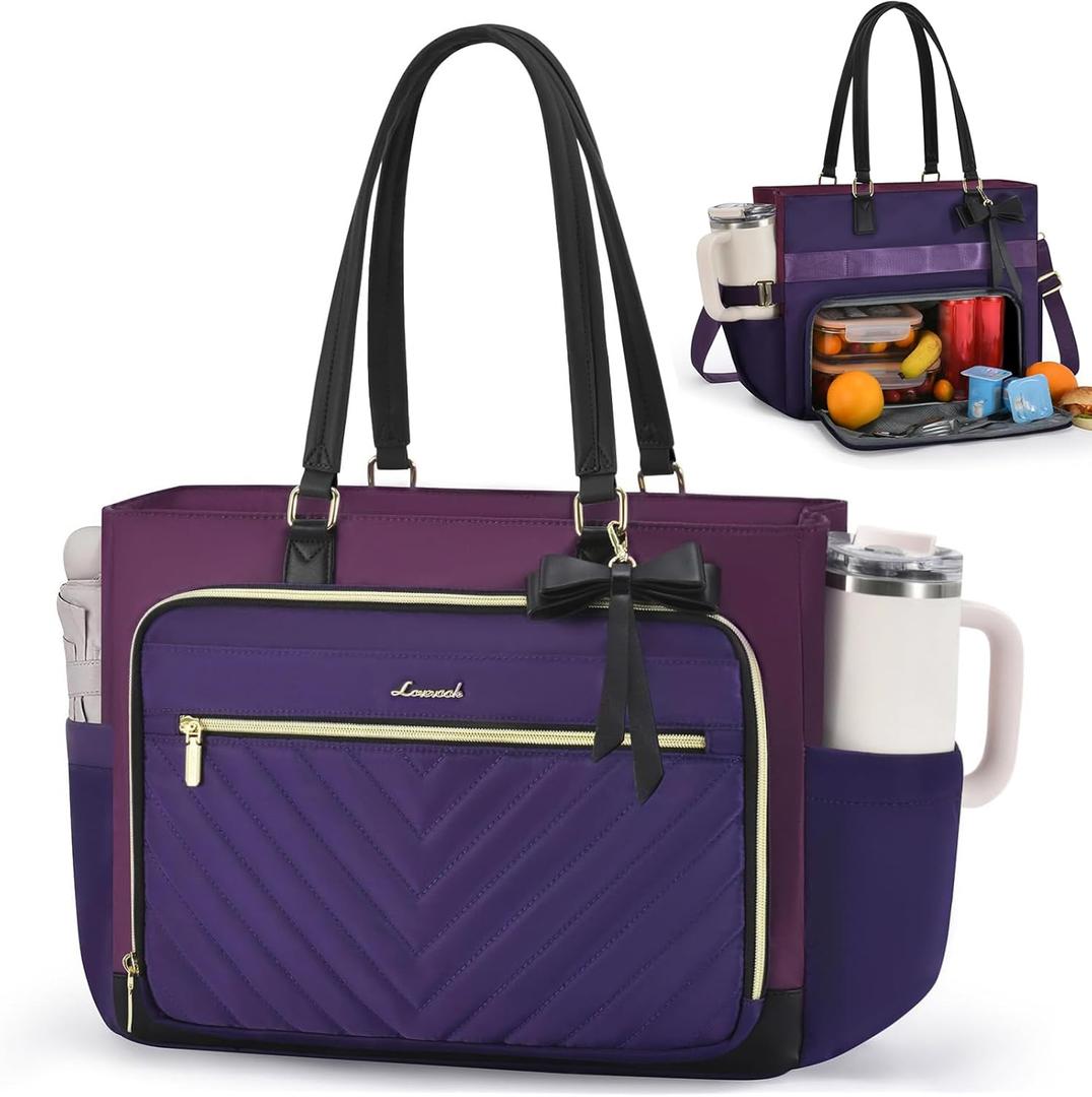 LOVEVOOK Lunch Tote Bag for Women, Insulated Lunch Bag with Laptop Compartment, Large Capacity Work Tote with Cup Holder, Water Resistant Insulated Bag Leakproof for Teacher Nurse, Office, 17.3 Inch