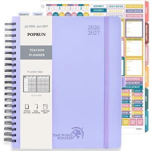 POPRUN Teacher Lesson Planner 2026-2027, (Size-8.5'' x 11'') with Gradebook | Academic Planner July 2026 - June 2027 with Color Monthly Tabs, Thick Paper, 2-Sided Pocket, Leather Cover - Lilac