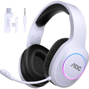 AOC Wireless Gaming Headset Compatible with ps5/4, PC, USB-C & Bluetooth 5.4 & 2.4GHz Gaming Headphones with Noise Canceling Mic, 7.1 Virtual Surround,20ms Latency, 45H, RGB- White