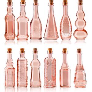 Small MIni Reddish Vintage Glass Bottles with Corks, MIni Vases, Decorative, Potion, Assorted Design Set of 12 pcs, 4.6 Inch Tall (11.43cm), 1.4 Inch Wide (3.56cm)