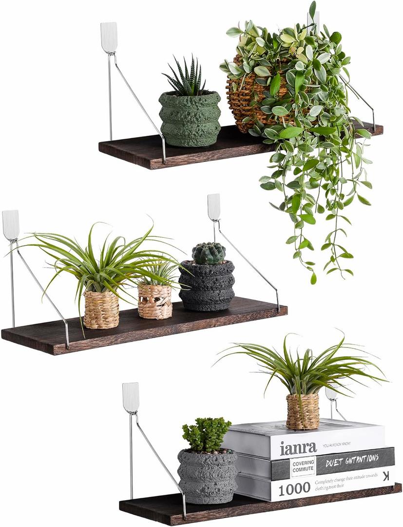 MITIME Floating Shelves Set of 3 Rustic Solid Wood Floating Shelf Wall Storage Shelves for Living Room, Bedroom, Bathroom, Kitchen Laundry, Office.no Drill Shelf(Retro Color L+L+L)