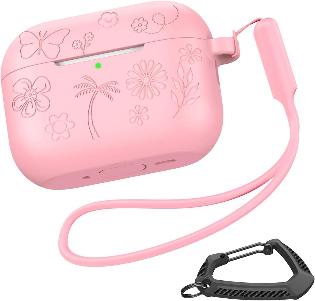 MILPROX for AirPods Pro 3 Case 2025, Silicone Engraved Flower for AirPod Pro 3 Case, Beautiful Pretty Floral Soft Cover with Keychain/Strap,Aesthetic Girlish Girly Design for Women Girls - Pink