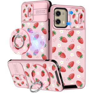Buleens for Moto G Stylus 5G 2024 Case - with Ring Stand & Camera Cover Aesthetic Cute Designed for Women Girls Girly Kawaii Strawberry Phone Case for Motorola G Stylus 5G 2024 Compatible with Magsafe