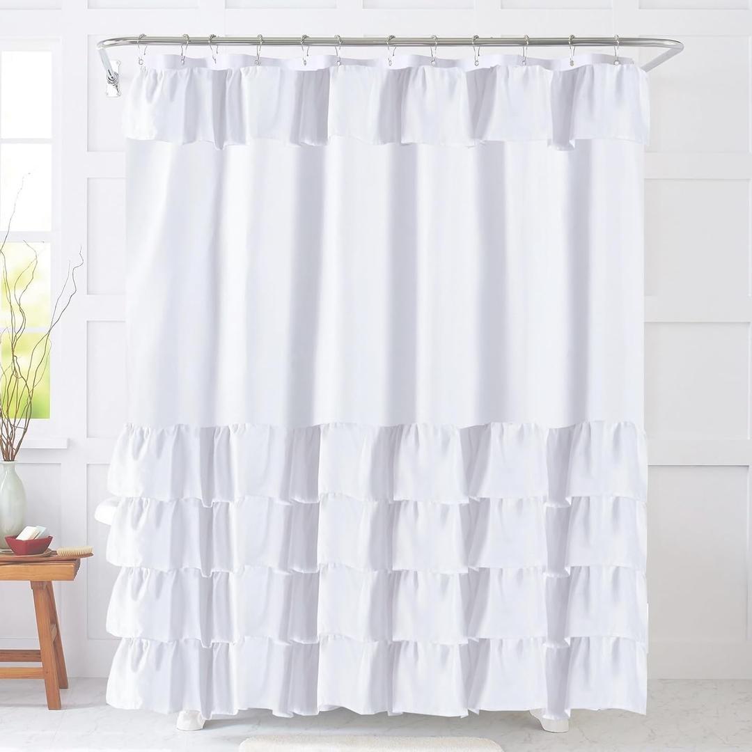White Ruffle Farmhouse Shower Curtain, Cute Vintage Shabby Chic Fashion Textured Fabric Cloth Bathroom Curtain 72x72 Inch