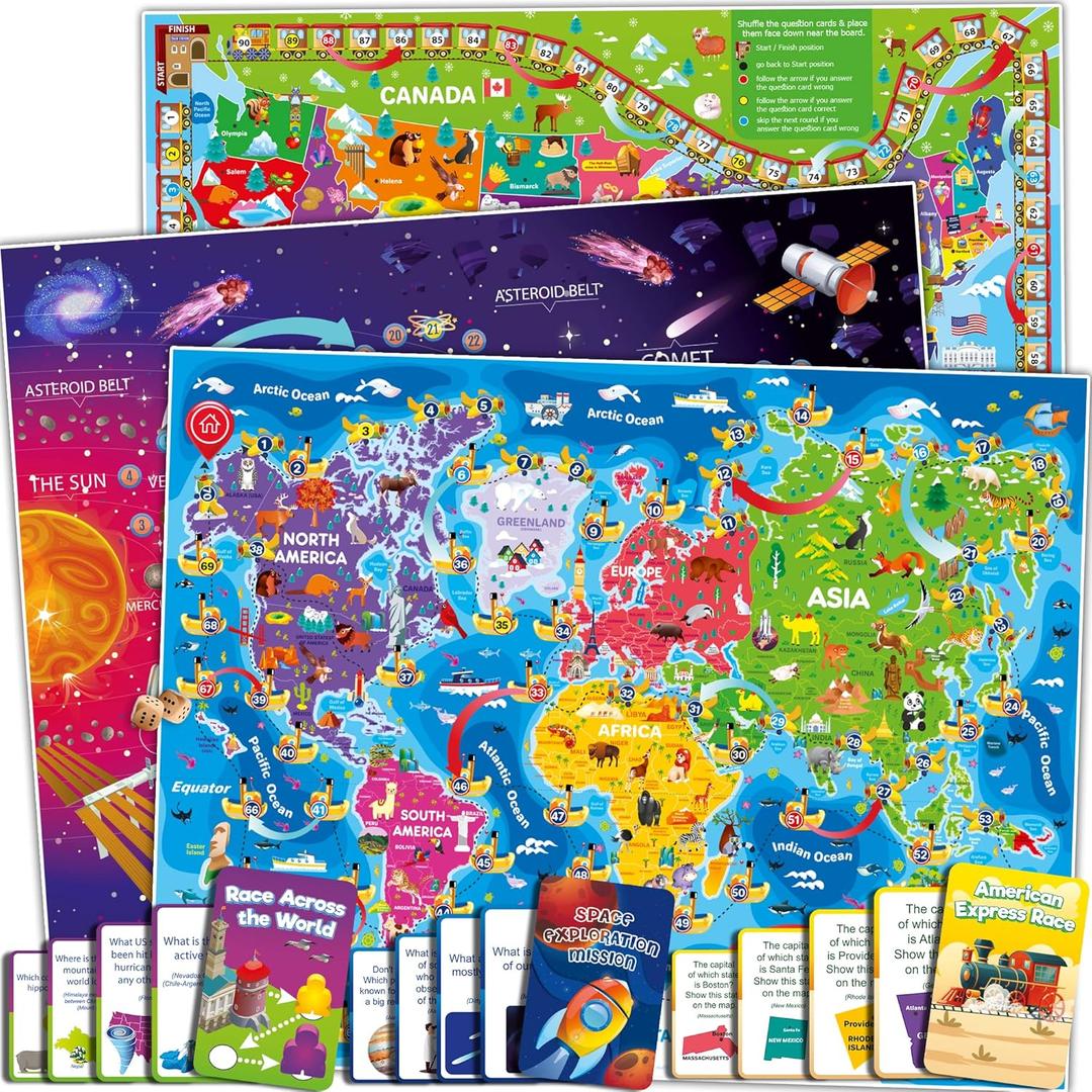 QUOKKA 3X Set Learning Board Games for Kids 6-8 - Educational Trivia Cards Ages 8-12 - Travel United States - World Map - Explore Outer Space - Gift for Children and Teens 4-8 - Floor Puzzles