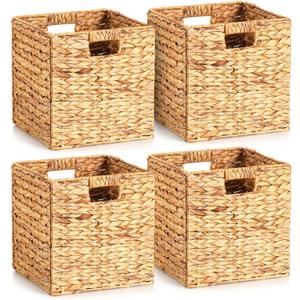 Layhit 4 Pcs Wicker Storage Basket Water Hyacinth Handwoven Baskets with Handles Foldable Woven Organizer Multipurpose Wicker Storage Bins for Bedroom Living Room(12 x 12 x 12'',Natural)