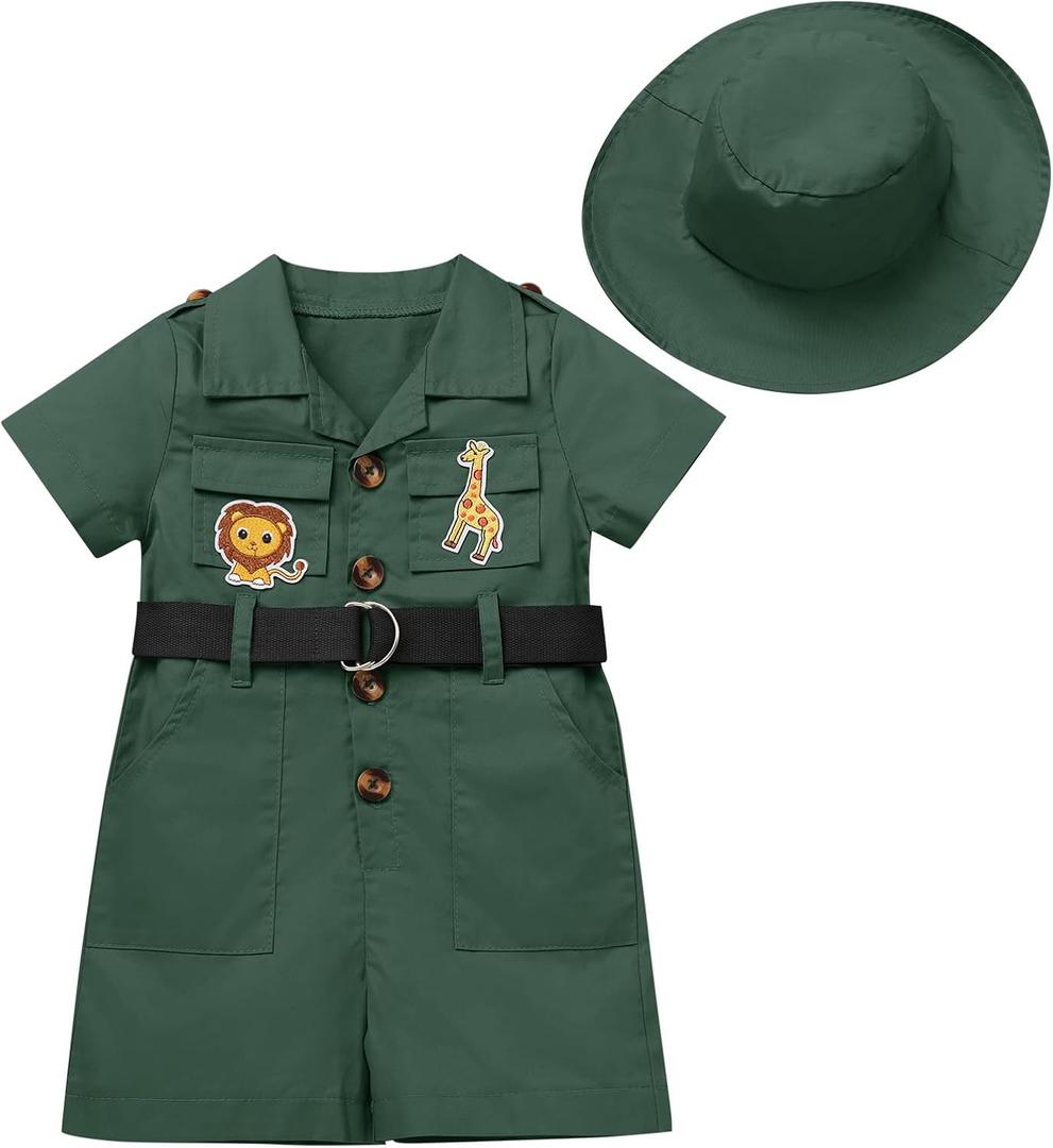 Wild One Birthday Outfit Girl Short Sleeve Safari Jumpsuit with Safari Hat Baby Safari Outfit Zookeeper Toddler Jungle Safari theme Photo Shoot Outfits Dark Green 18-24 Months
