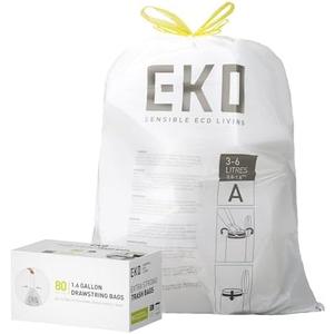 EKO Easy-Dispense Roll 80 Count Extra-Strong Drawstring Small Trash Bag, 1.6 Gallon Trash Bag (3-6L) 1 Pack White, Code A