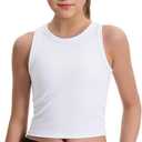 JOCMIC Girls Tank Tops Kids Athletic Tank Ribbed Knit High Neck Crop Tops for Gym Yoga White 13-14 Years