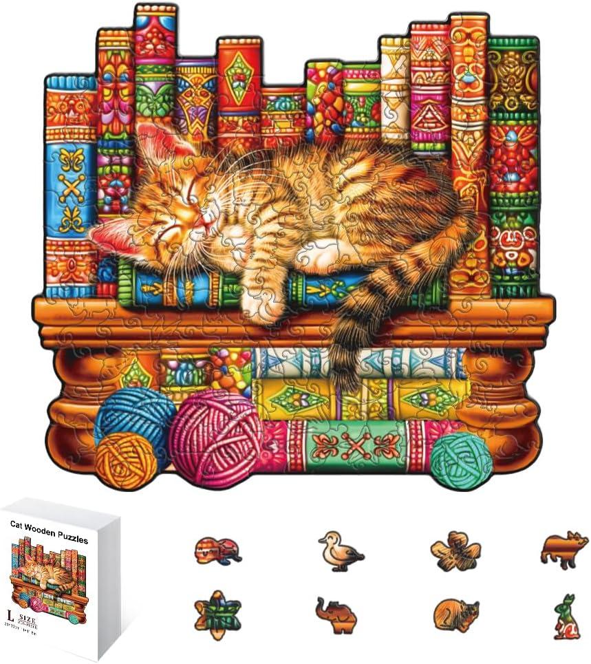 200 Pieces Cat Wooden Puzzles for Adults, 11.8x11 Inches Snoozing Cat Jigsaw Puzzles, Craft Hub Wood Puzzle, Unique Shape Cats Puzzle Birthday Gift for Cats Lovers Family Friend Game