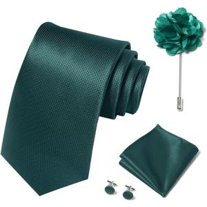 2 x Solid Color Ties Set Men Handkerchief Cufflinks Brooch 3.15 inches Classic Formal Necktie Pocket Square Set (Green)