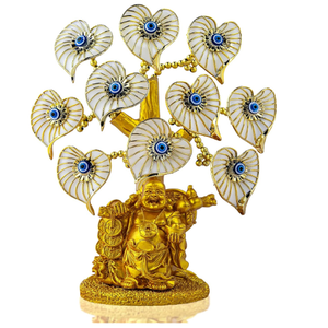Blue Evil Eye Money Tree with Painted Golden Buddha Statue White Artificial Flowers Home Office Protection Decoration Feng Shui Ornament