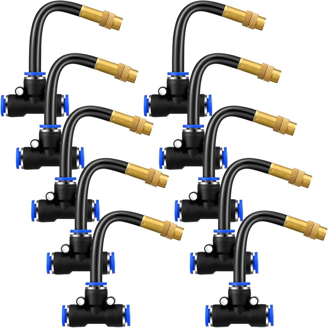 Zonon 10 Pcs Brass Misting Nozzles Tee with 4 Inch Built in Hose 360 Degree Rotation Adjustable Water Mister Nozzles Thread Sprayer 0.043" Misting Parts and Accessories for Patio Outdoor Cooling