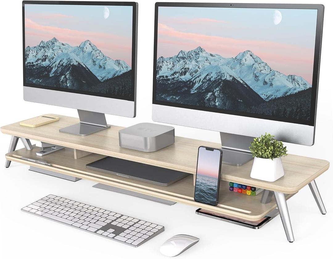 Fenge Dual Monitor Stand, Monitor Stands Riser for 2 monitors, 42.5 Inch Wood Desk Shelf with Storage Organizer and Cable Management for Office Desk Accessories (Oak)
