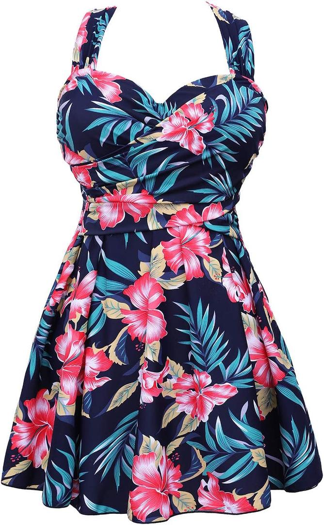 COCOPEAR Women's Elegant Crossover One Piece Swimdress Floral Skirted Swimsuit L