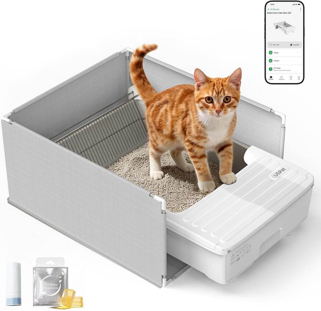 UBPET Automatic Cat Litter Box, Open-Top Self Cleaning Litter Box for Multiple Cats, Weight Sensors Safety Protection, Smart APP Control, Odor-Free Waste Disposal, Works with Bentonite Mineral Litter