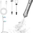 Rechargeable Frother Wand with Stand, Milk Frother with Detachable Stainless Steel Double Rings Whisk, 3-Speed Handheld Electric Drink Mixer for Lattes, Cappuccino, Coffee (Space Gray)