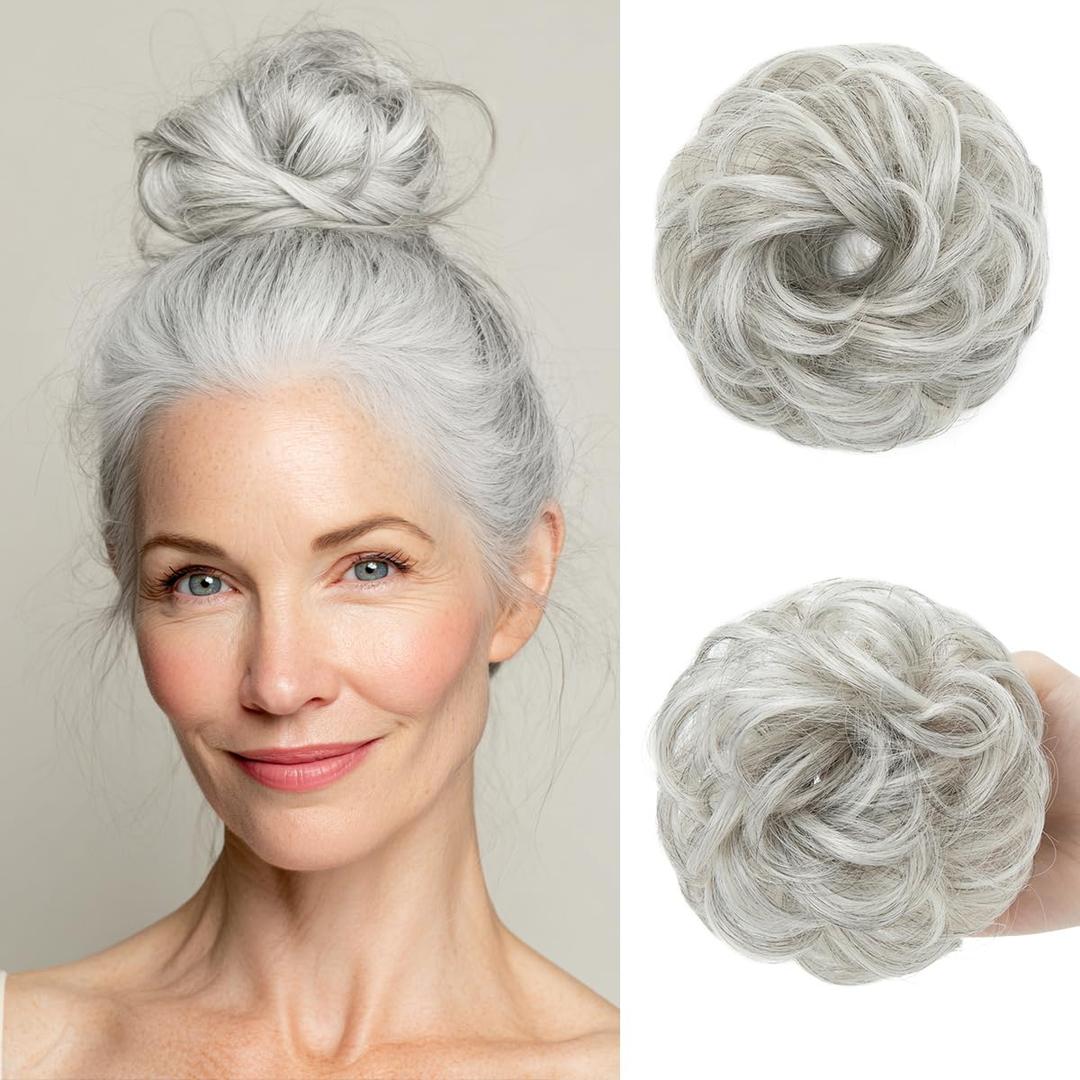 CJL HAIR Small Messy Bun Hair Pieces for Women Thin Hair Synthetic Curly Mini Scrunchies Hairpiece Updo with Elastic Band 2PCs Grey Multi