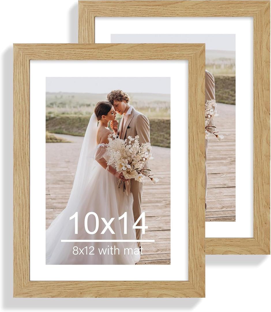 10x14 Picture Frame Set of 2, Made of Glass and Natural Oak Wooden Frame, Display 8x12 Pictures with Mat or 30 x 40cm Diamond Painting Art without Mat for Wall Mounting, Gallery Photo Frames