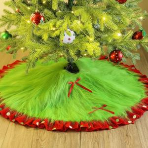Red and Green Christmas Tree Skirt Furry Plush Lime Green Christmas Tree Skirts Whimsical Xmas Decorations Holiday Glittering Dot Mat Faux Round Carpet for Home Xmas Party Decor(48 Inch)