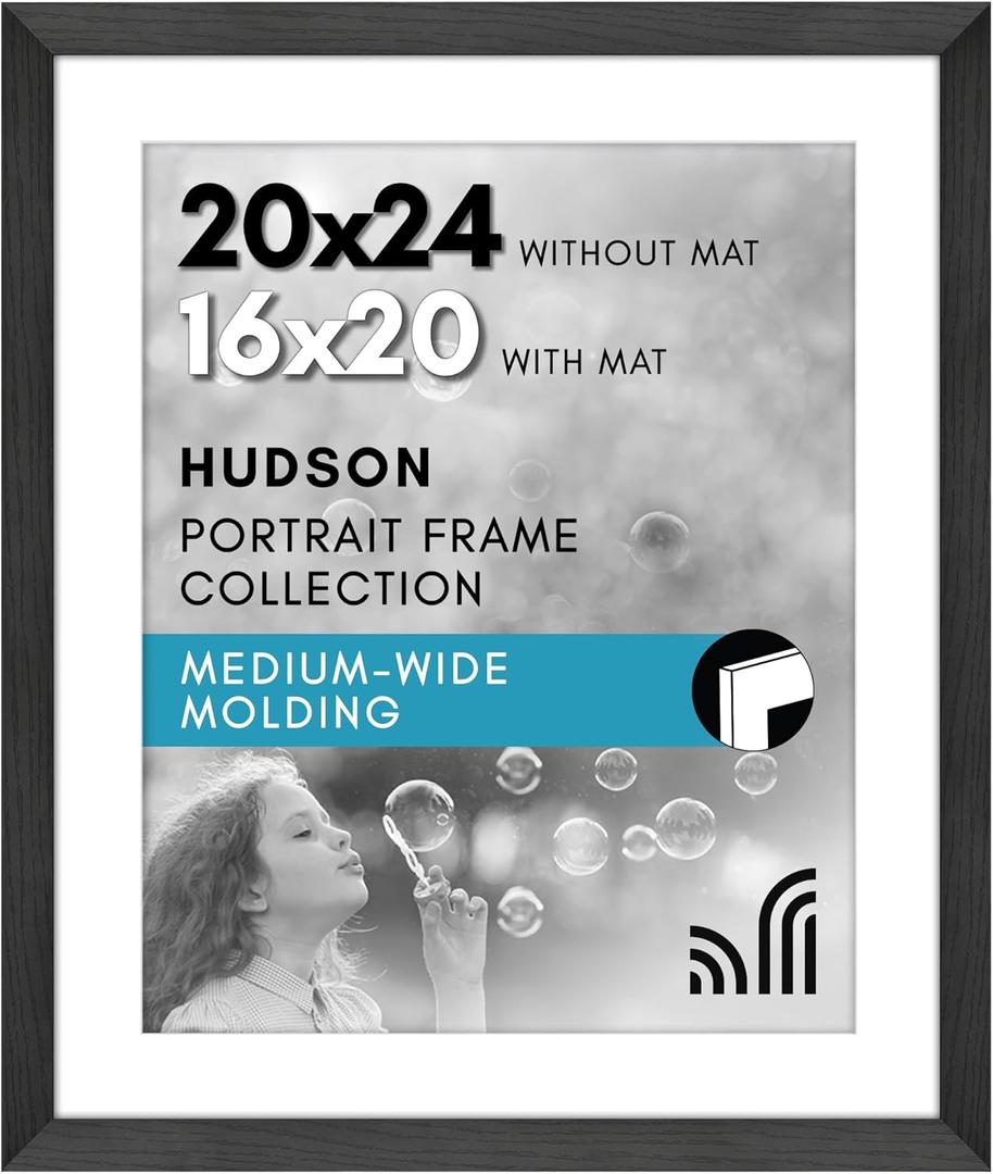 Americanflat 20x24 Picture Frame with Polished Plexiglass - Use as 16x20 Frame with Mat or Display 20x24 Photo Without Mat - Hudson Collection - Wide Picture Frames for Wall Display - Black