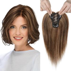 REECHO Real Human Hair Topper, 10 inch Women Hair Toppers for Thinning Hair, 100 Percent Human Hair Large Coverage Natural Hairpiece Wiglet, Standard Base 3.5"x2", Medium Brown with Highlights