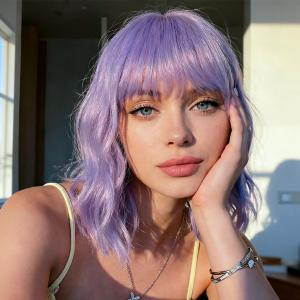 Light Purple Wigs with Bangs for Women,Shoulder Length Short Wavy Bob Wigs With Bangs Synthetic Bob Wig Curly Lavender Wig Heat Resistant Colorful Wavy Wig Cosplay Fun Wigs For Daily Party.