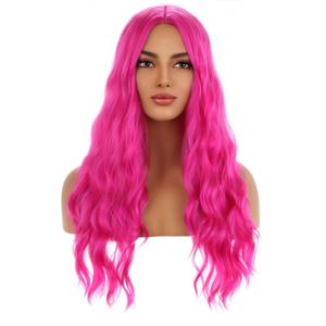 MAGQOO Hot Pink Wig for Women Girls Long Curly Wavy Pink Wigs Middle Part Heat Resistant Hight Density Synthetic Wigs