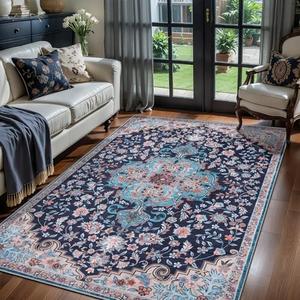 Ciicool 3x5 Washable Blue Rug Boho Floral Non-Slip Bedroom Rugs for Entryway Throw Rug Soft Low-Pile Indoor Floor Carpet for Living Room Laundry Foyer Decor