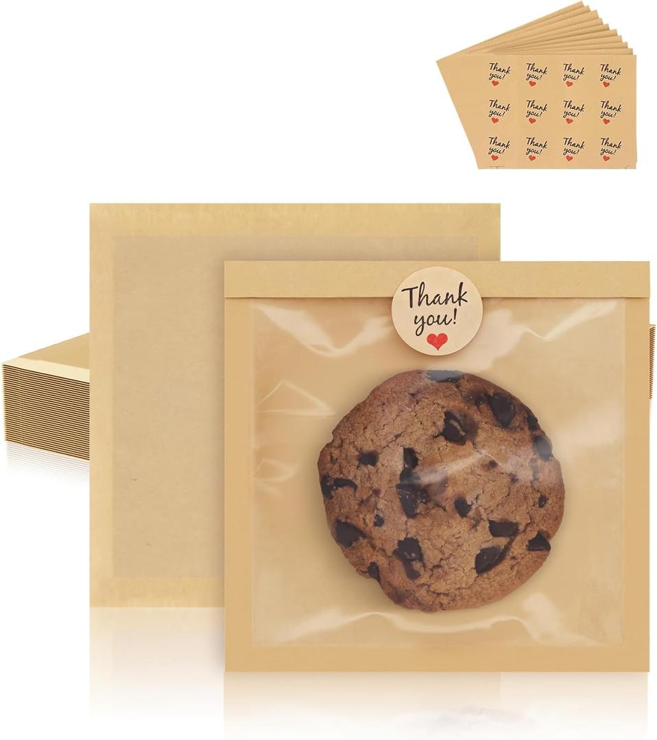 FireKylin 100 Pack Cookie Bags with Heat Sealing, 5.7 x 6.5 Inch Bakery Bags with Window, Grease Resistant Cookie Packing for Treats, Baked Goods, Bagel, Cake Slice, Sandwich (5.7"x6.5"-100pcs)