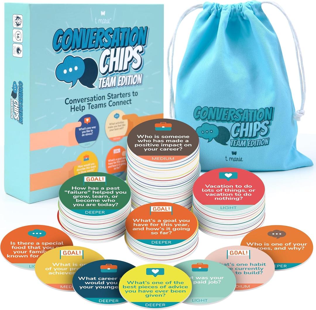 T MARIE Conversation Chips Team Building Game - Fun Ice Breaker Cards for Work - Conversation Starters and Team Building Activity - 200 Prompts to Foster Team Bonding and to Get to Know Your Coworkers